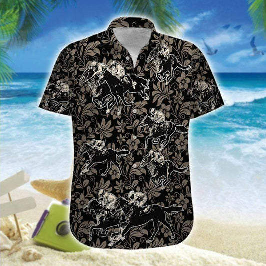 Hawaiian Aloha Shirts Horse Racing Black Flowers