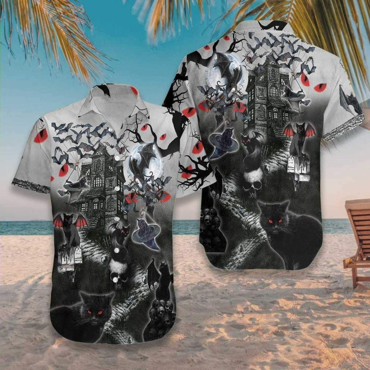 Hawaiian Aloha Shirts Halloween Black Cats Are Flying