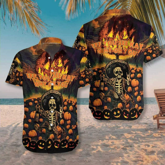 Hawaiian Aloha Shirts Halloween Burning Pumpkin Skull Eff You See Kay