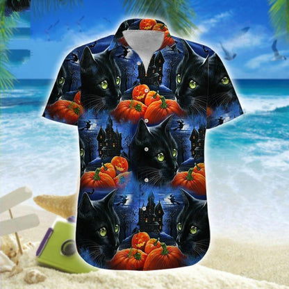 Hawaiian Aloha Shirts Black Cat Pumpkin Halloween Castle