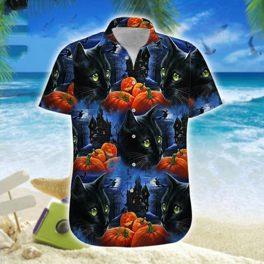 Hawaiian Aloha Shirts Black Cat Pumpkin Halloween Castle