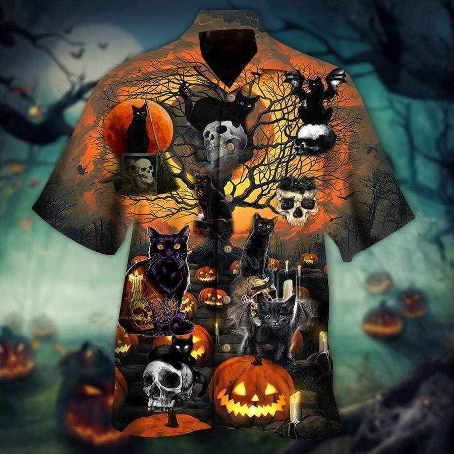 Hawaiian Aloha Shirts Black Cat Skull Halloween