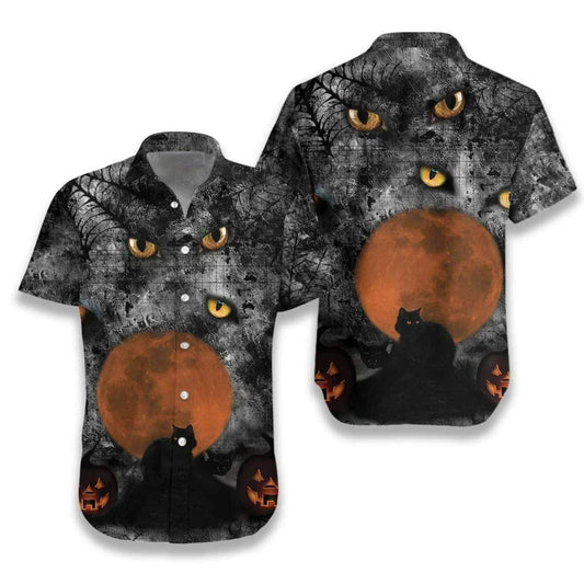 Hawaiian Aloha Shirts Black Cat Halloween Red Moon