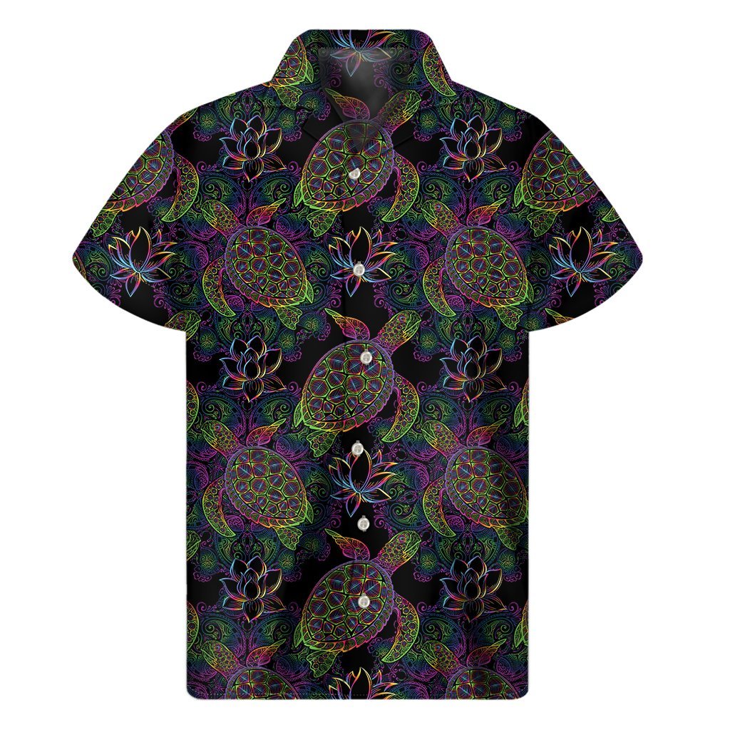 Psychedelic Sea Turtle Pattern Print Mens Short Sleeve Shirt Hawaiian