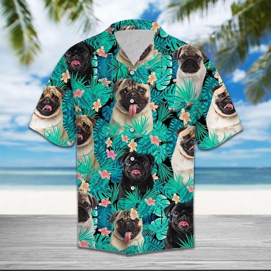 Pug Dogs Hawaiian Graphic Print Short Sleeve 