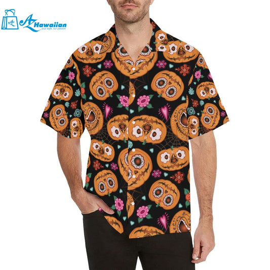 Pumpkin Flowers Spiderweb Halloween Theme Mens All Over Print Hawaiian Shirt