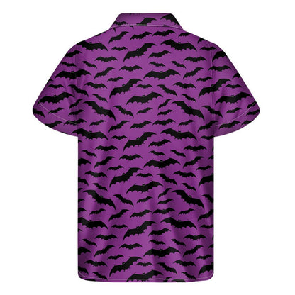 Purple And Black Halloween Bat Print Mens Short Sleeve Shirt Hawaiian