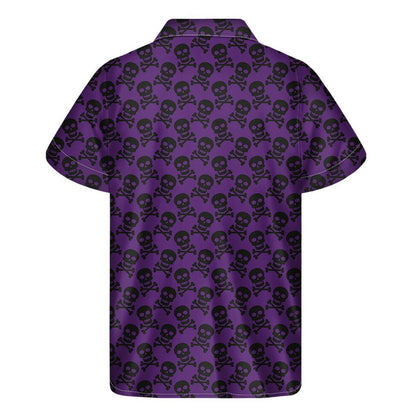 Purple And Black Halloween Skull Print Mens Short Sleeve Shirt Hawaiian