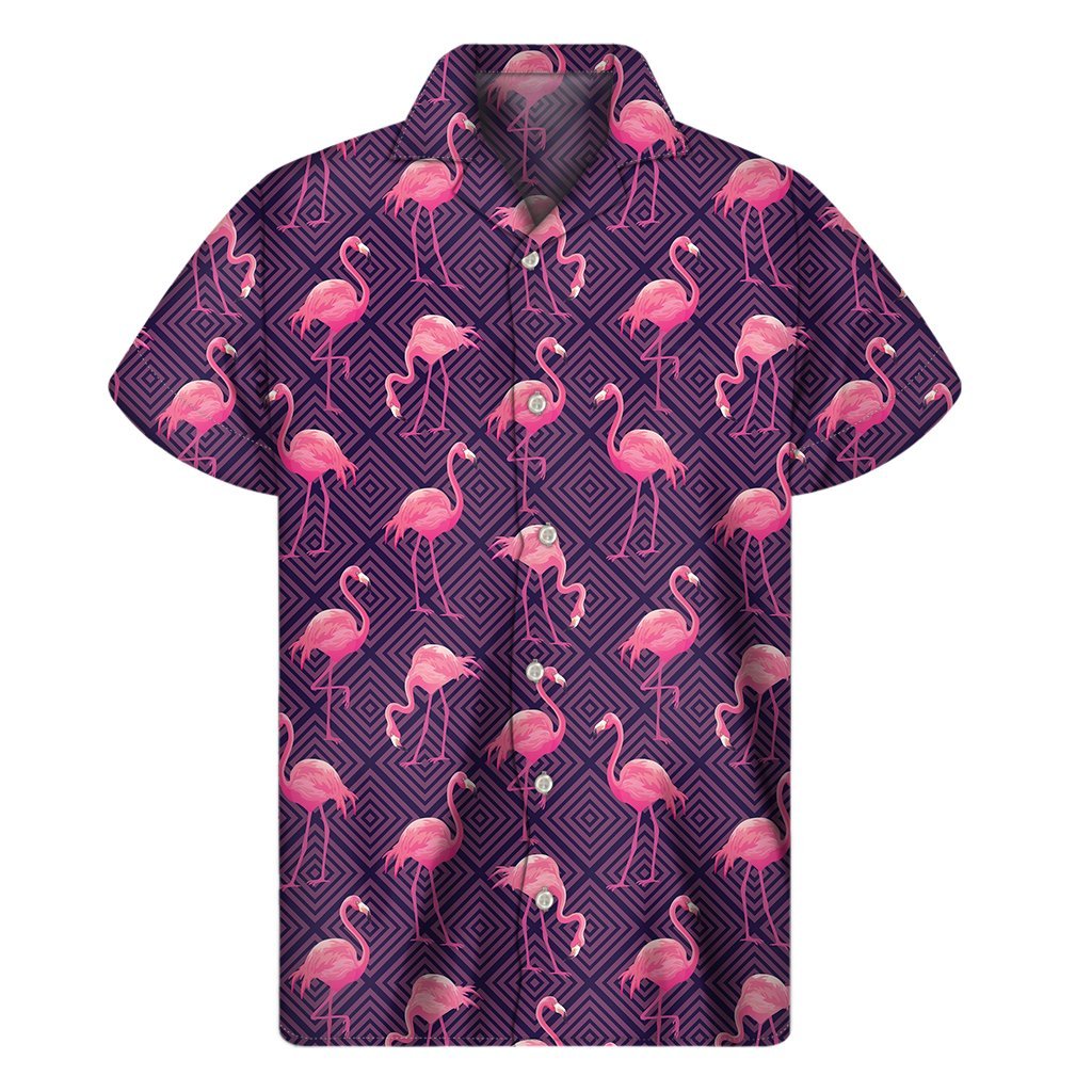 Purple Geometric Flamingo Pattern Print Mens Short Sleeve Shirt Hawaiian