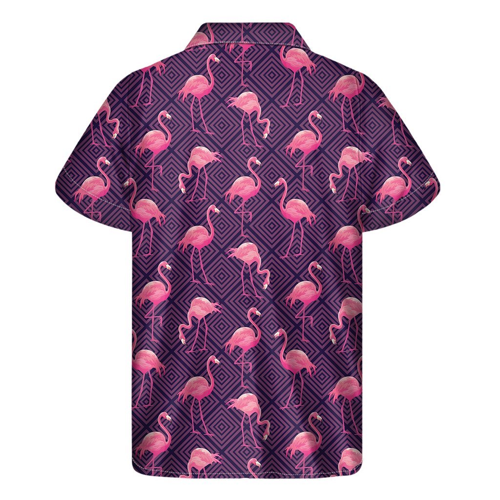 Purple Geometric Flamingo Pattern Print Mens Short Sleeve Shirt Hawaiian