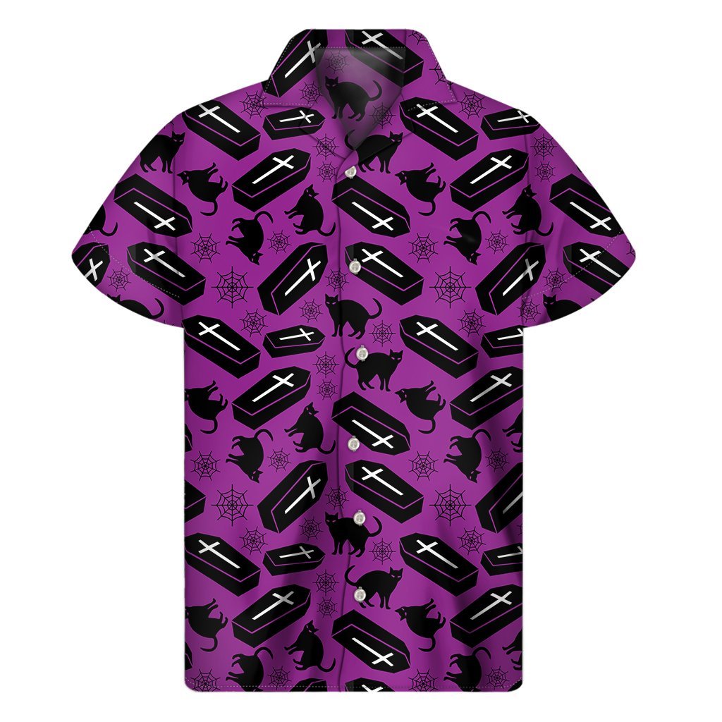 Purple Halloween Coffin Pattern Print Mens Short Sleeve Shirt Hawaiian