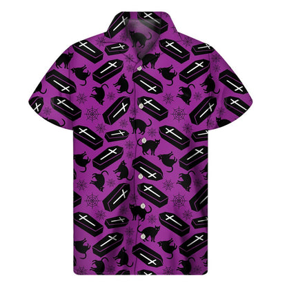 Purple Halloween Coffin Pattern Print Mens Short Sleeve Shirt Hawaiian