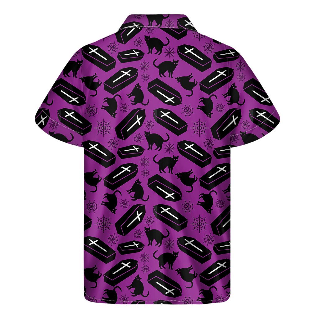 Purple Halloween Coffin Pattern Print Mens Short Sleeve Shirt Hawaiian