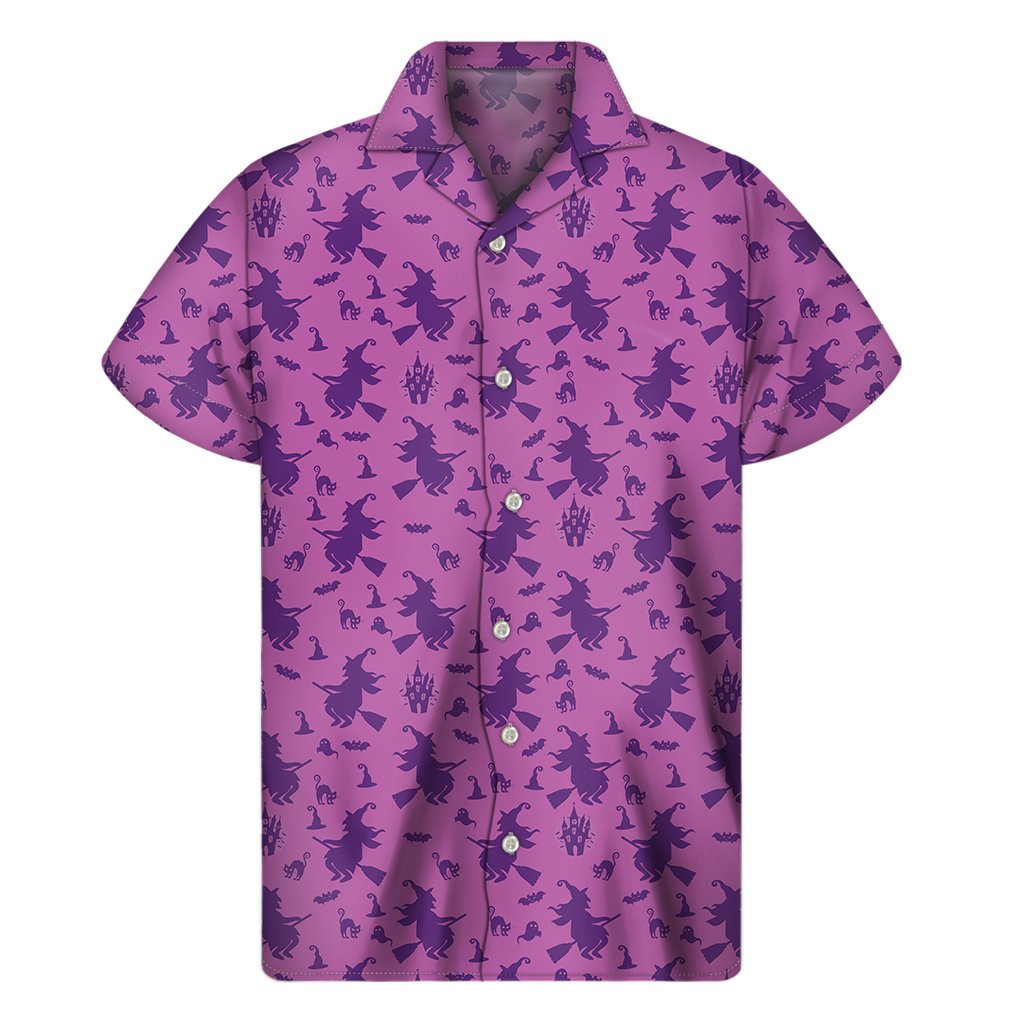 Purple Halloween Witch Pattern Print Mens Short Sleeve Shirt Hawaiian