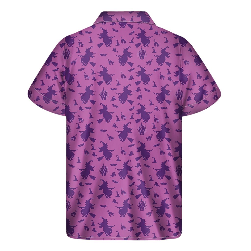 Purple Halloween Witch Pattern Print Mens Short Sleeve Shirt Hawaiian