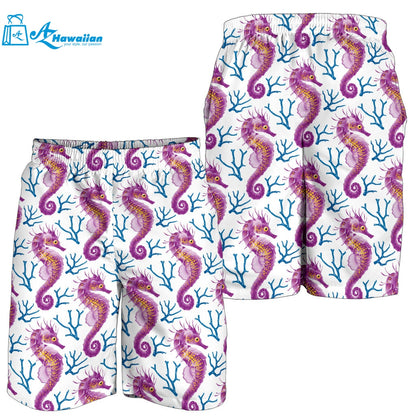 Purple Seahorse Blue Coral Pattern Men Shorts