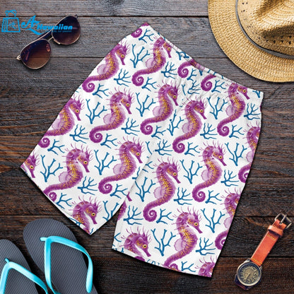 Purple Seahorse Blue Coral Pattern Men Shorts