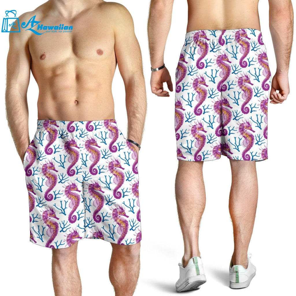 Purple Seahorse Blue Coral Pattern Men Shorts