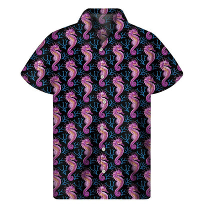 Purple Seahorse Pattern Print Mens Short Sleeve Shirt Hawaiian