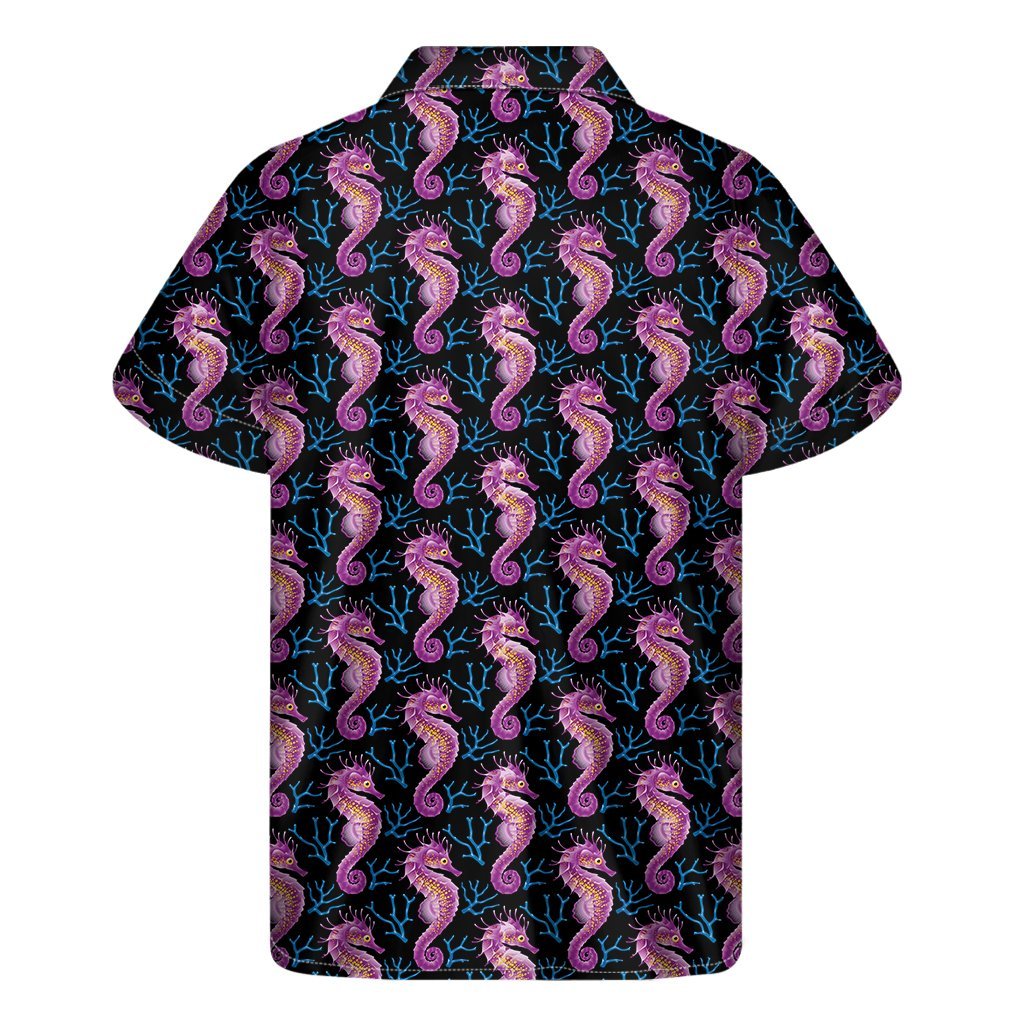 Purple Seahorse Pattern Print Mens Short Sleeve Shirt Hawaiian