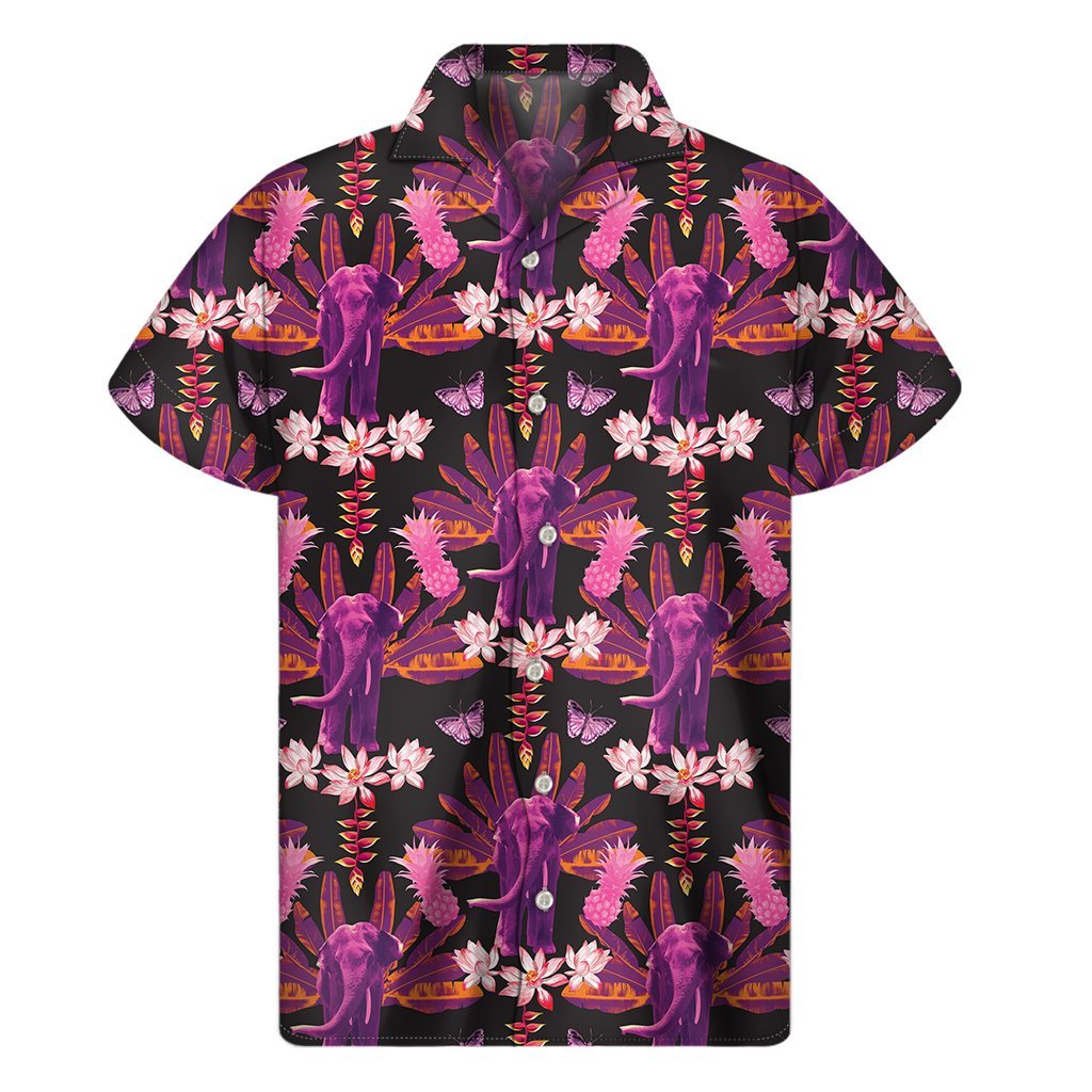 Purple Tropical Elephant Pattern Print Mens Short Sleeve Shirt Hawaiian