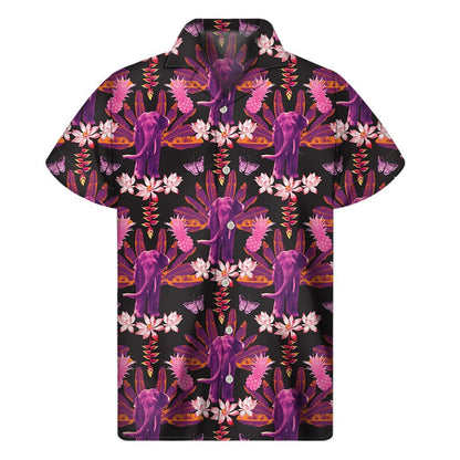 Purple Tropical Elephant Pattern Print Mens Short Sleeve Shirt Hawaiian