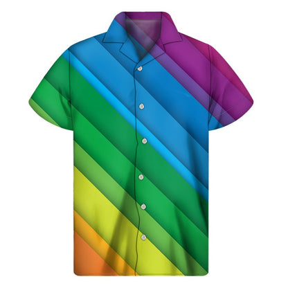 Rainbow Diagonal Lines Pattern Print Mens Short Sleeve Shirt Hawaiian