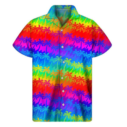 Rainbow Palm Tree Pattern Print Mens Short Sleeve Shirt Hawaiian