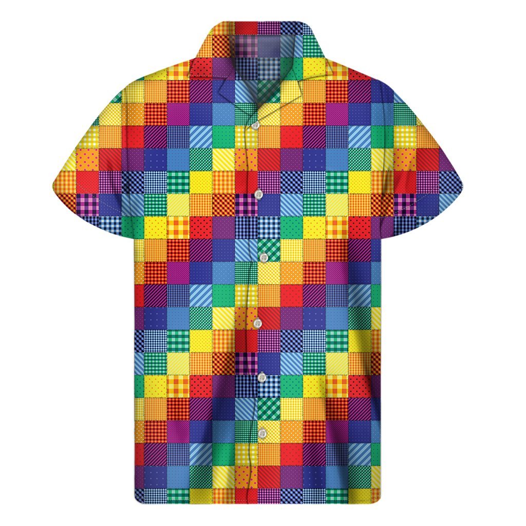 Rainbow Patchwork Pattern Print Mens Short Sleeve Shirt Hawaiian