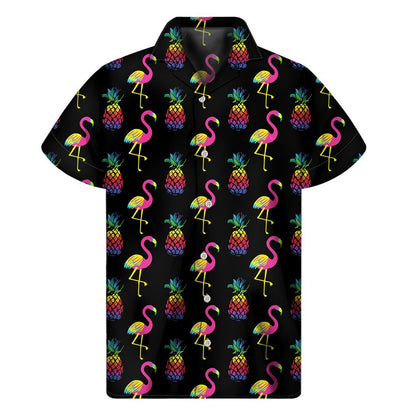 Rainbow Pineapple And Flamingo Print Mens Short Sleeve Shirt Hawaiian