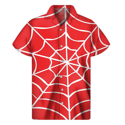Red And White Spider Web Pattern Print Mens Short Sleeve Shirt Hawaiian