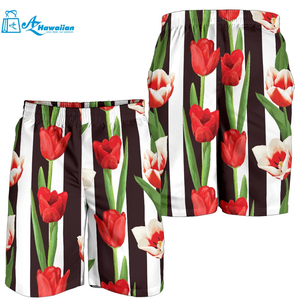 Red And White Tulips Pattern Men Shorts