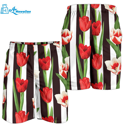 Red And White Tulips Pattern Men Shorts