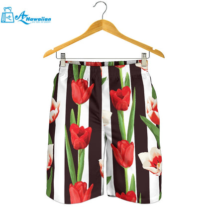 Red And White Tulips Pattern Men Shorts