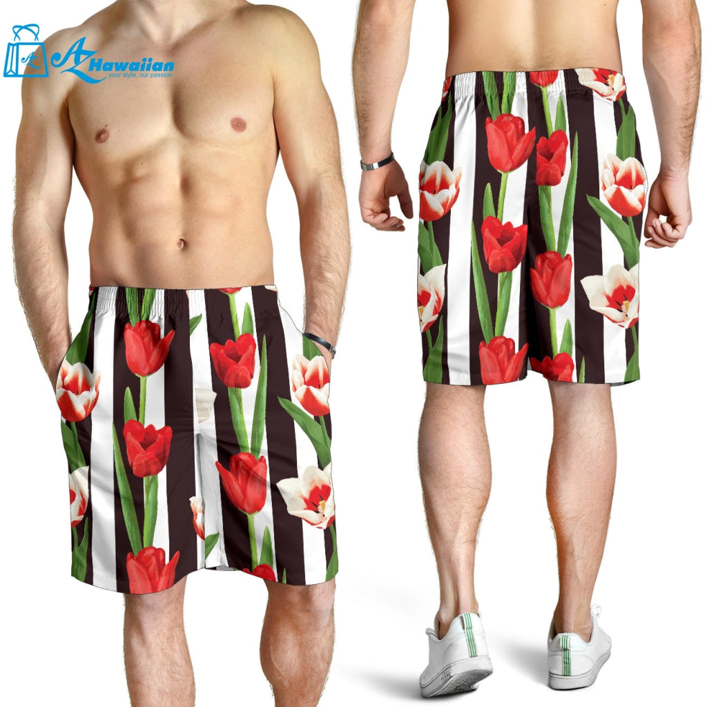 Red And White Tulips Pattern Men Shorts