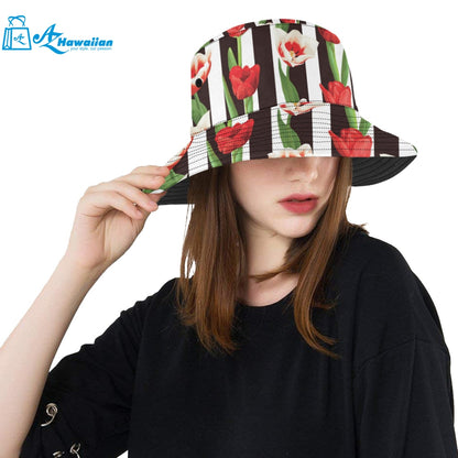 red and white tulips pattern Unisex Bucket Hat