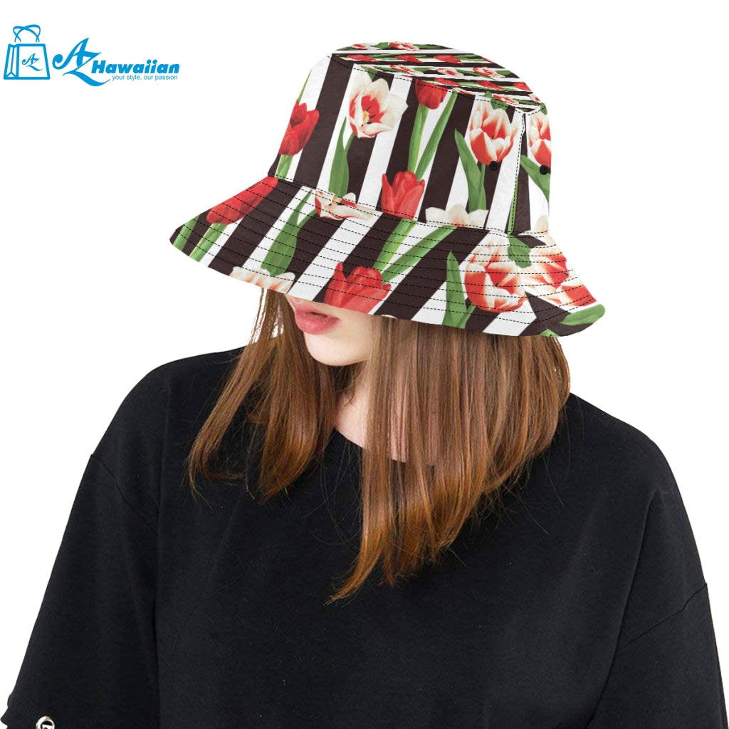 red and white tulips pattern Unisex Bucket Hat