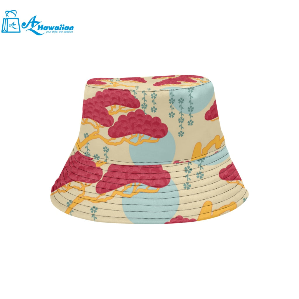 Red Bonsai gray sun japanese pattern Unisex Bucket Hat