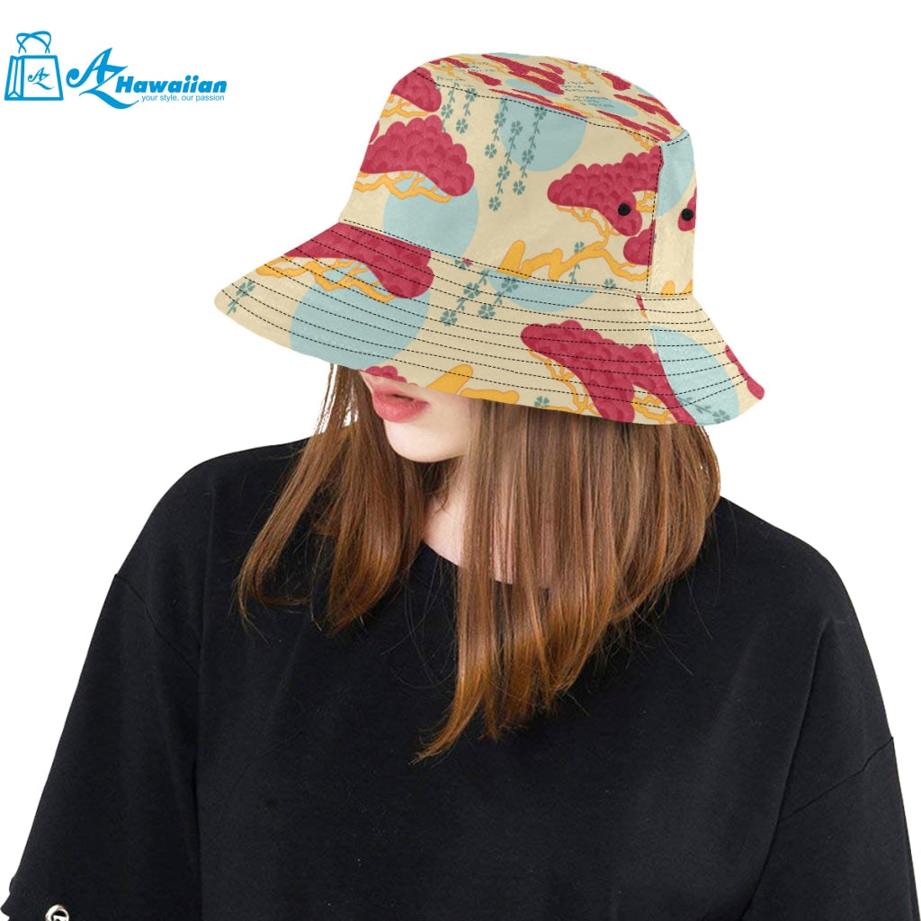 Red Bonsai gray sun japanese pattern Unisex Bucket Hat