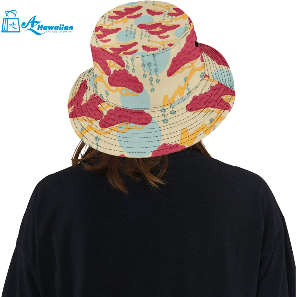 Red Bonsai gray sun japanese pattern Unisex Bucket Hat