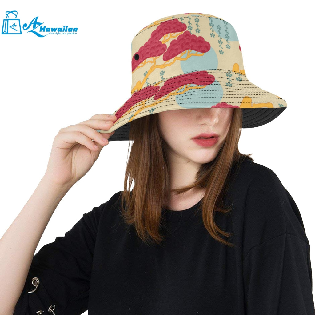 Red Bonsai gray sun japanese pattern Unisex Bucket Hat