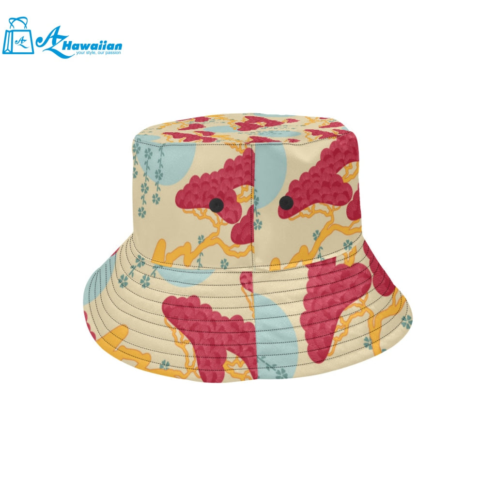 Red Bonsai gray sun japanese pattern Unisex Bucket Hat