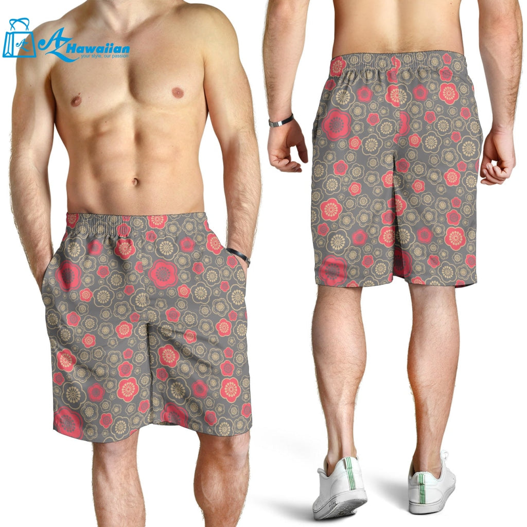 Red Gold Sakura Cherry Blossom Gray Background Men Shorts