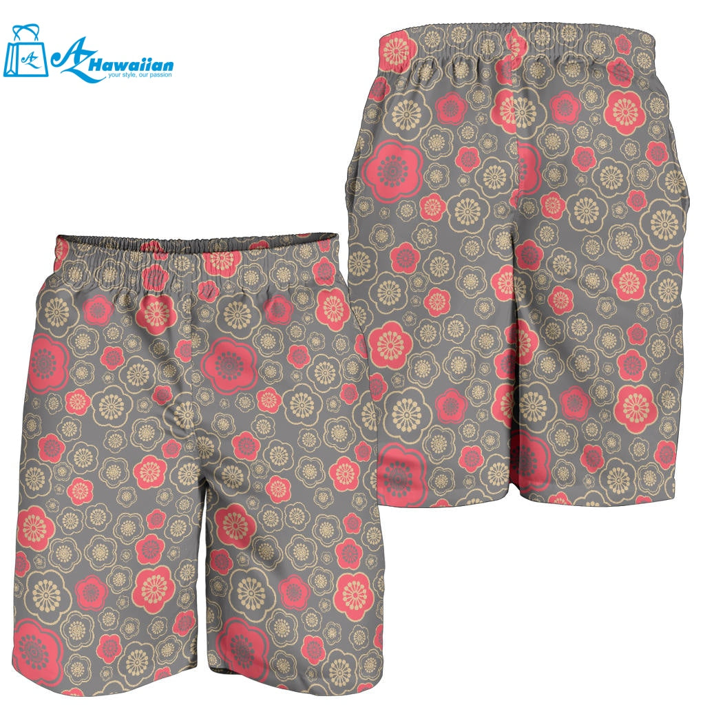 Red Gold Sakura Cherry Blossom Gray Background Men Shorts