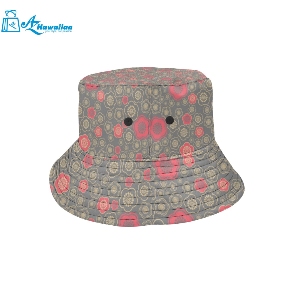 Red gold Sakura cherry blossom gray background Unisex Bucket Hat