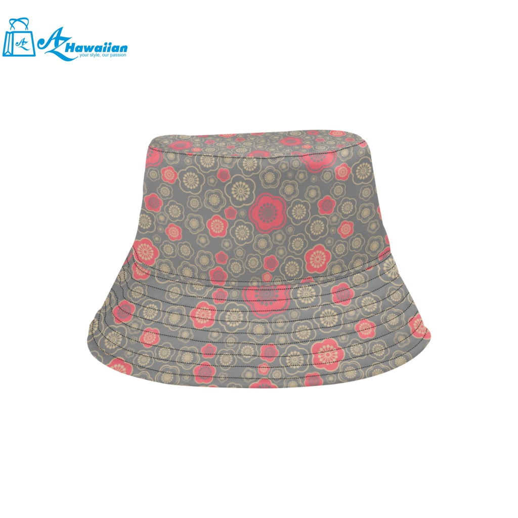 Red gold Sakura cherry blossom gray background Unisex Bucket Hat