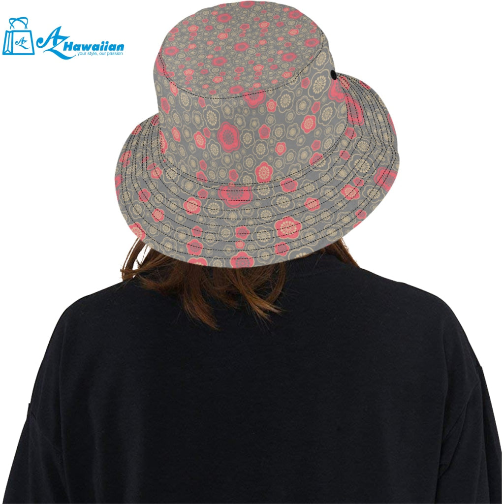 Red gold Sakura cherry blossom gray background Unisex Bucket Hat