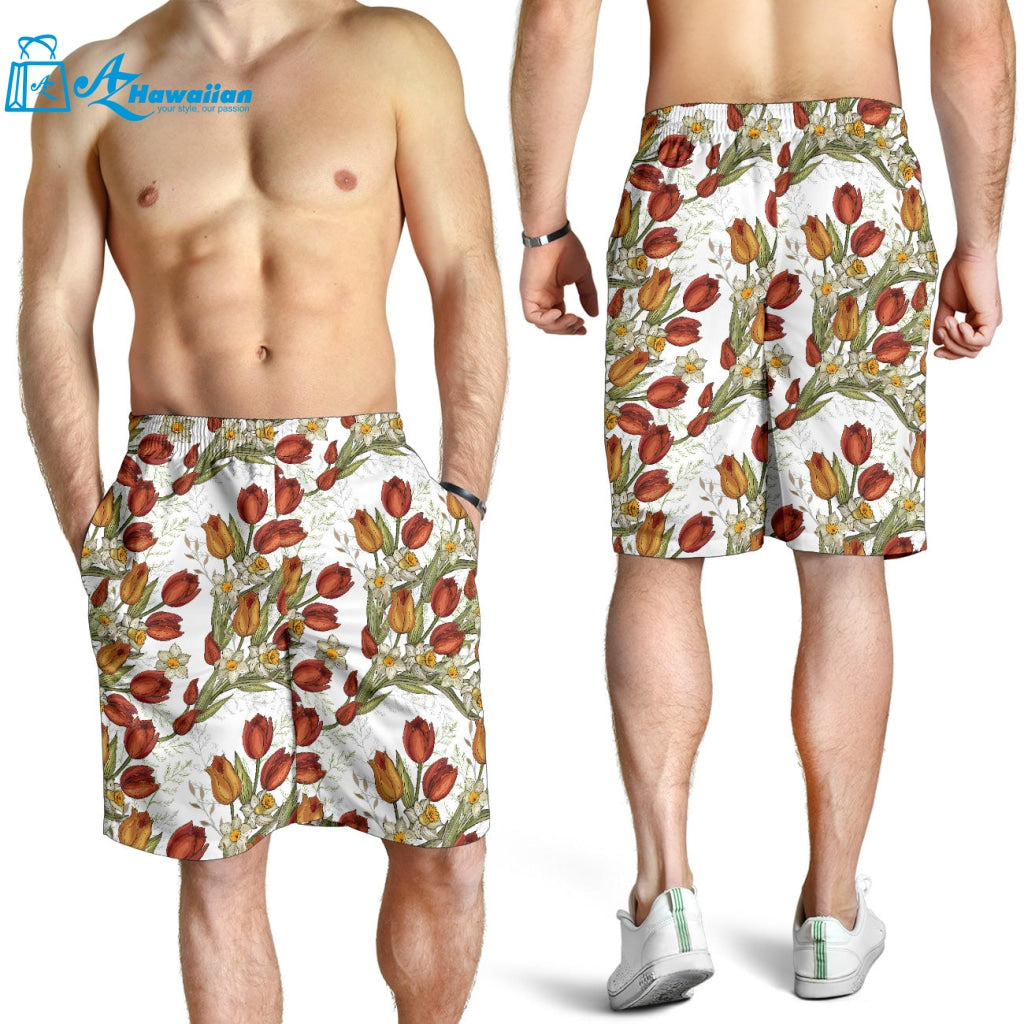 Red Tulips And Daffodils Pattern Men Shorts