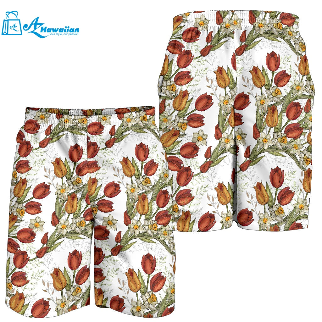 Red Tulips And Daffodils Pattern Men Shorts