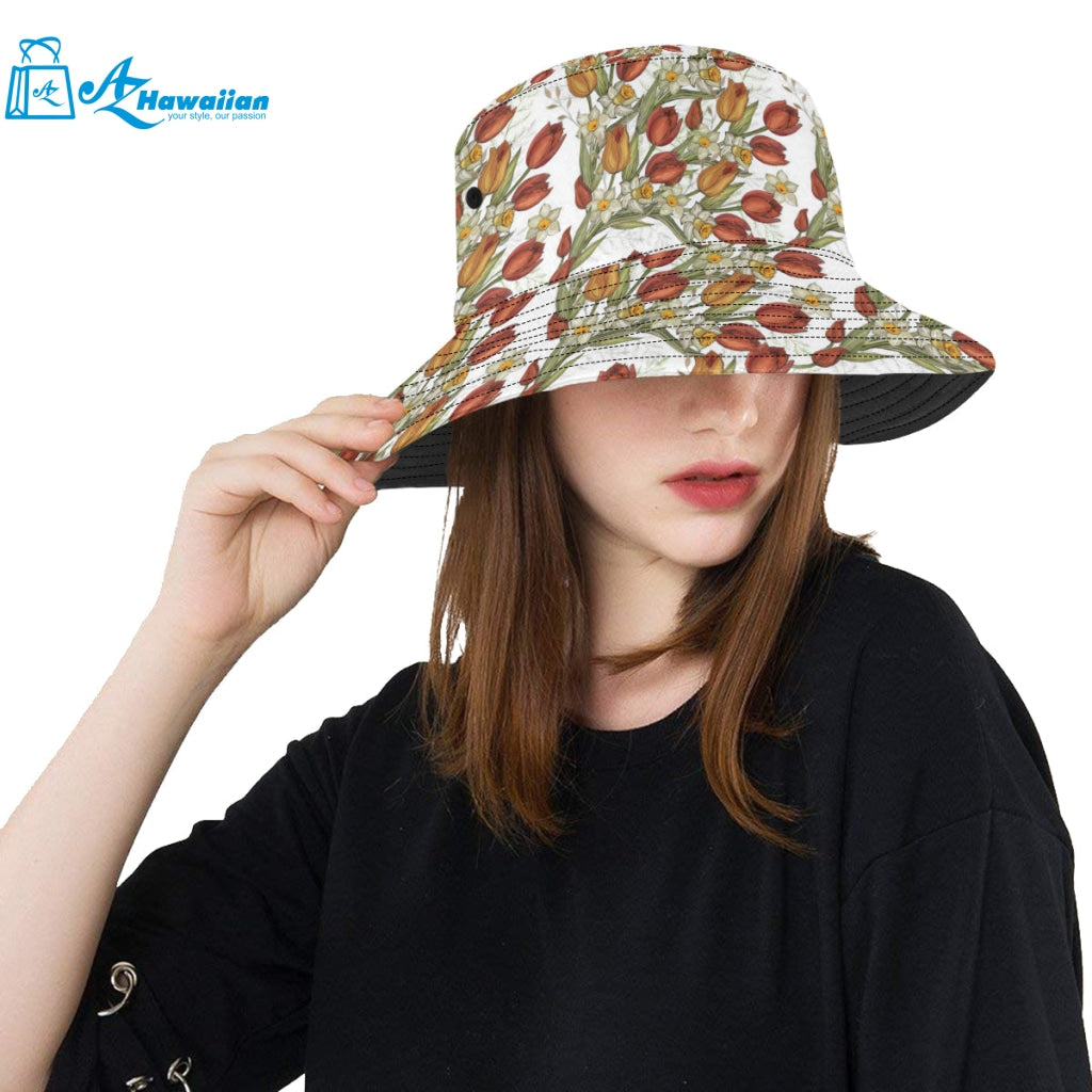 Red tulips and daffodils pattern Unisex Bucket Hat